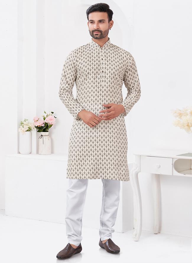 Rayon Cotton Cream Ceremonial Wear Printed Readymade Kurta Pajama